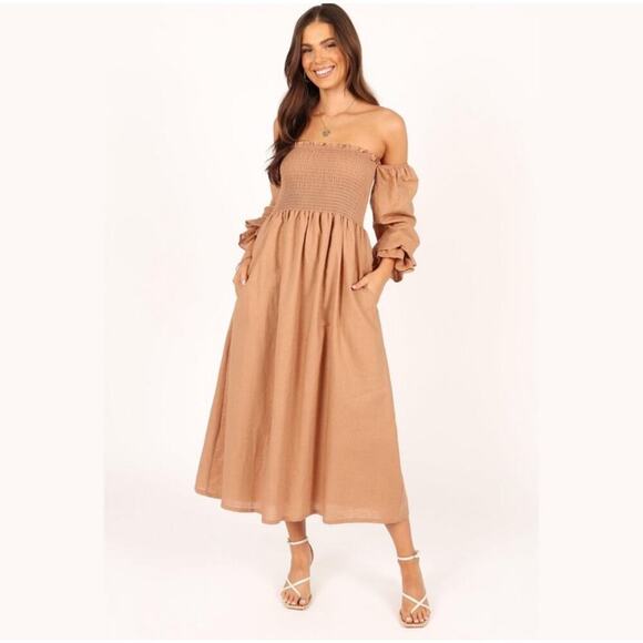 Petal & Pup 100% Linen Gabrielle Long Sleeve Brown Cottage Fairy Whimsy Dress 4 - Picture 1 of 9